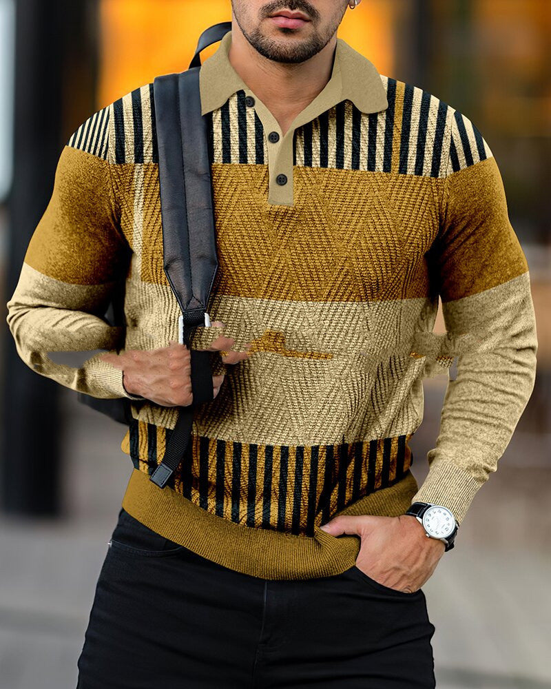 New Long Sleeve 3D Stripe Lapel Comfortable Casual Men's Fashion Polo Shirt